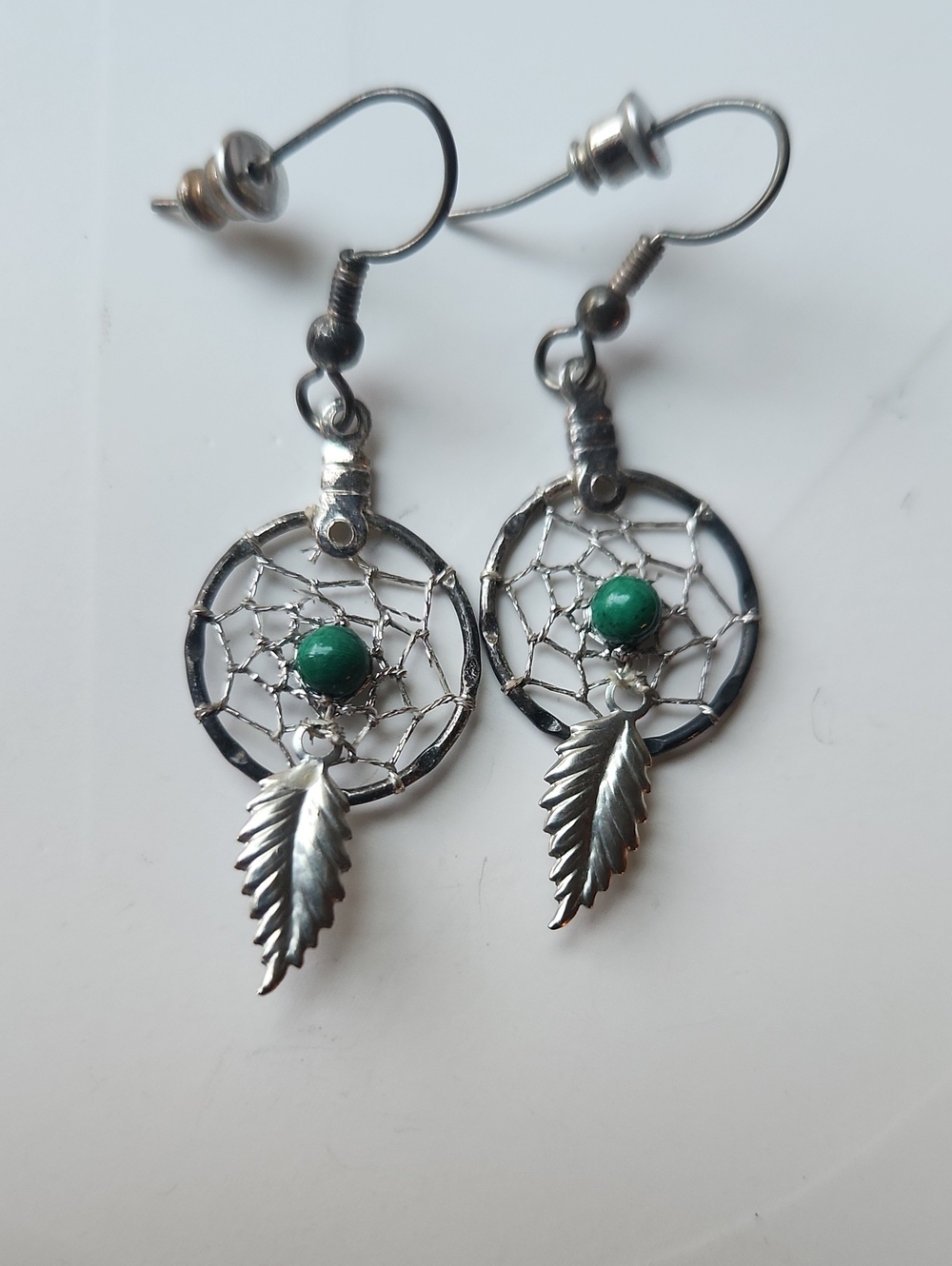 Silver Dreamcatcher Dangle Earrings with Green Bead